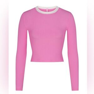SKIMS Pink Ringer Long Sleeve Ribbed Crop Top Women’s Small Y2K